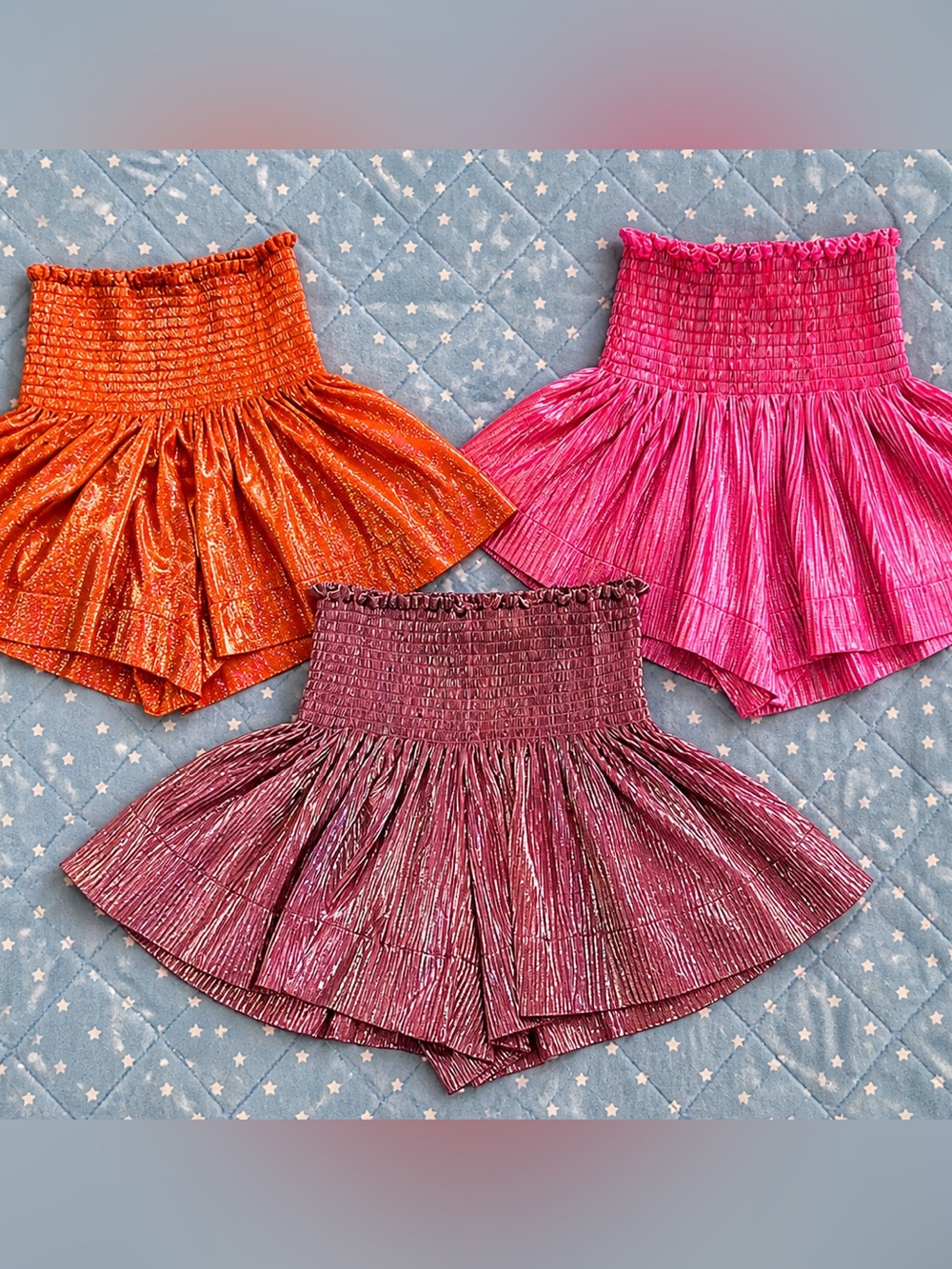Queen of Sparkles XS Bundle of 3 Pink Orange Metallic Smocked Skirted Shorts